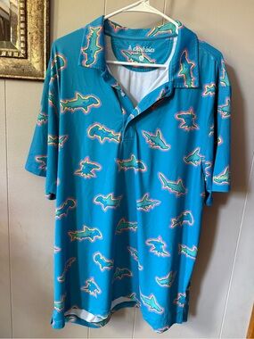 chubbies Teal Polo with Multicolor Shark Motif
